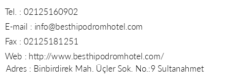 Best Hipodrom Hotel telefon numaralar, faks, e-mail, posta adresi ve iletiim bilgileri